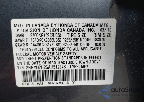 2010 Acura Mdx from USA, damaged, VIN 2HNYD2H26AH512278